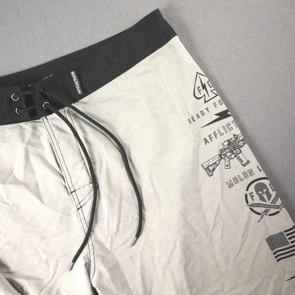 Affliction Military Board Shorts Mens 34 Grey Molon Labe AR-15 Swim Trunks